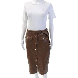 Absolu Womens Button Front Belted Faux Leather A Line Skirt Brown Size Large